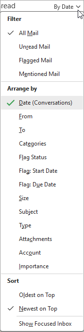 Snimka zaslona padajućeg popisa Sortiranje poruka