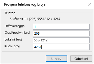U programu Outlook na kartici kontakta u odjeljku Telefonski brojevi odaberite mogućnost i po potrebi ažurirajte dijaloški okvir Provjera telefonskog broja.