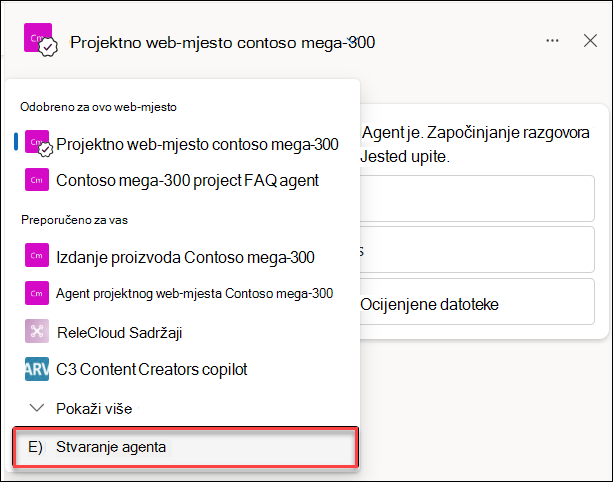 Snimka zaslona stvaranja novog agenta usluge Copilot iz okna čavrljanja