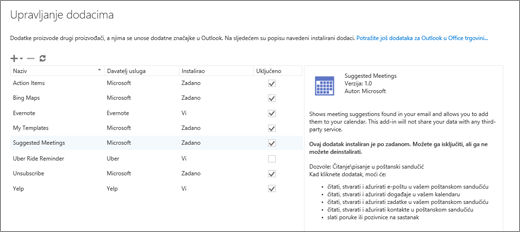 Snimka zaslona s prozorom „Upravljanje dodacima” u kojem možete dodati ili ukloniti dodatke, pregledati informacije o dodatku i otvoriti Office trgovinu da biste pronašli još dodataka za Outlook. Odabran je dodatak Predloženi sastanci, a prikazuju se informacije o njemu.