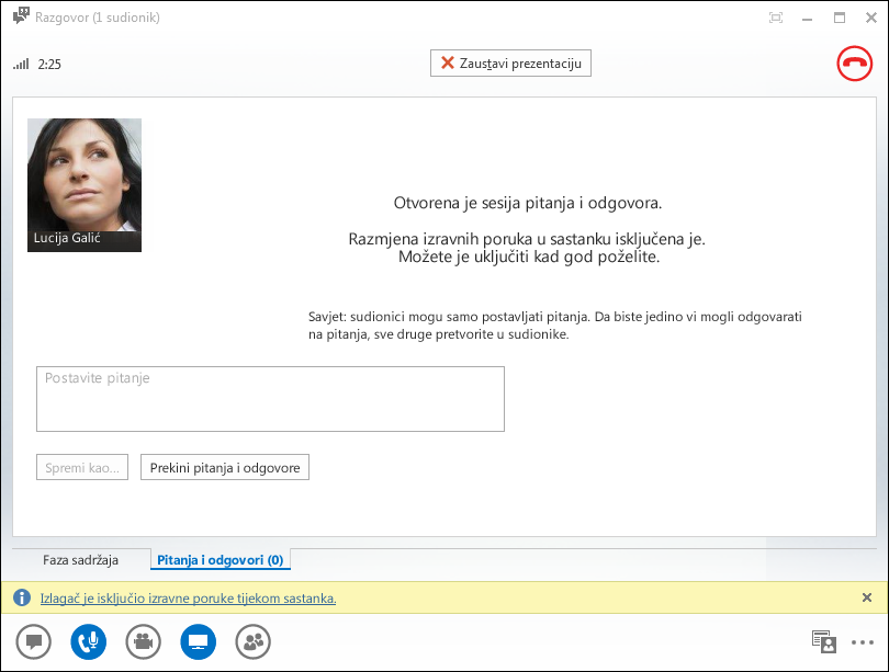 Snimka zaslona s prozorom upravitelja pitanja i odgovora