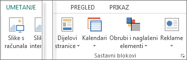 Snimka zaslona s grupama sastavnih blokova na kartici Umetanje u programu Publisher.