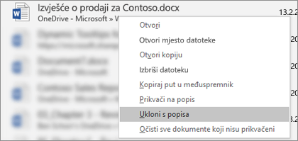 Kontekstni izbornik koji se prikazuje kada desnom tipkom miša kliknete datoteku na popisu nedavno korištenih datoteka