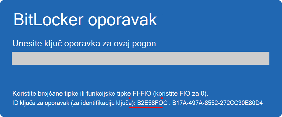 Snimka zaslona za oporavak značajke BitLocker s istaknutim ID-jem ključa.