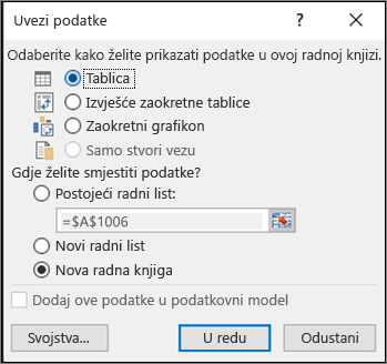 Dijaloški okvir Uvoz podataka iz Excel 2016