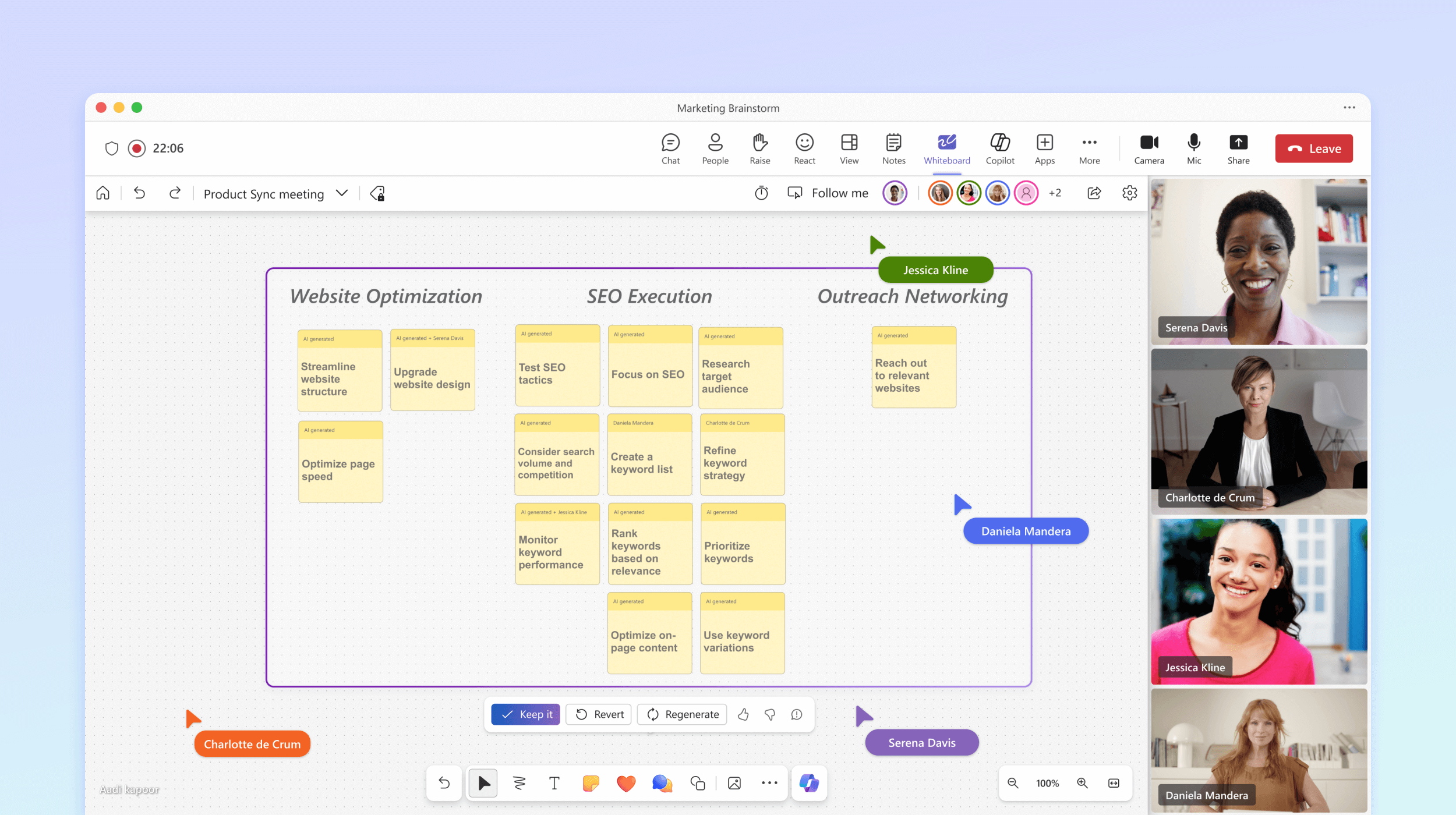 Snimka zaslona prikazuje organizaciju ideja o kojima se raspravljalo tijekom sastanka značajke Copilot u aplikaciji Whiteboard.