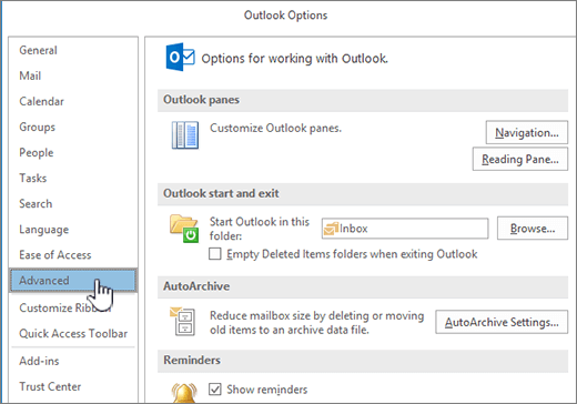 Mogućnosti programa Outlook s odabranom mogućnosti Napredno