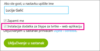 Provjerite je li označen dodatak "Instaliraj web-aplikaciju Skype za tvrtke"