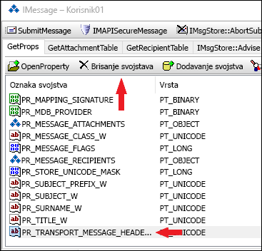 Pomoću programa OutlookSpy izbrišite PR_TRANSPORT_MESSAGE_HEADERS svojstva.