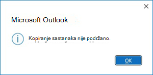 Pogreška kopiranja sastanaka u programu Outlook