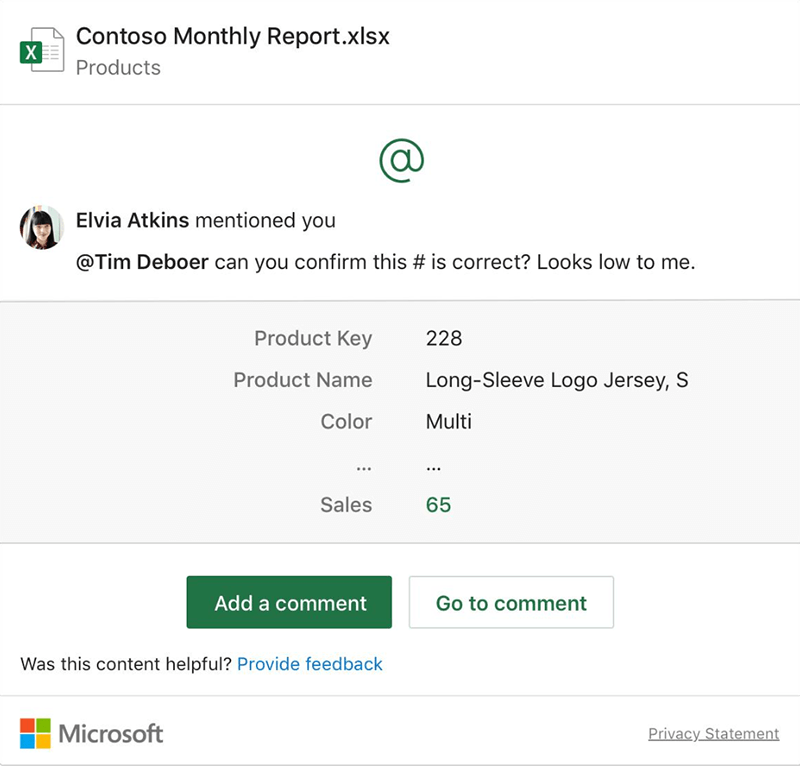 Slika koja prikazuje sučelje s kontekstom u programu Outlook koje spominju obavijesti omogućuju kada je komentar usmjeren na vas iz radne knjige programa Excel. Možete dodati komentar bez otvaranja radne knjige ili prijeći na komentar tako da otvorite radnu knjigu.