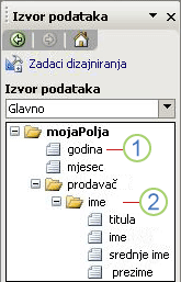 Okno zadataka u izvoru podataka u programu InfoPath