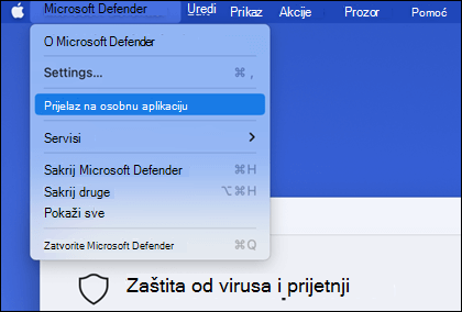 Izbornik Microsoft Defender otvorite da bi se prikazala odabrana mogućnost "Prebaci se na osobnu aplikaciju".