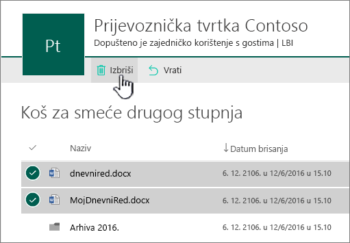 Recikliranje druge razine sustava SharePoint Online s istaknutim gumbom za brisanje