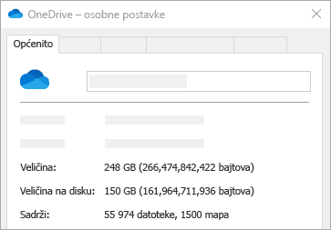 Veličina servisa OneDrive na svojstvima diska
