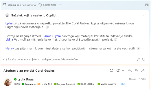 Sažetak niti poruka e-pošte s navodima koje je stvorio Copilot