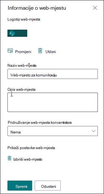 Ploča s informacijama o web-mjestu sustava SharePoint