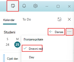 Postavljanje okna Moj dan na prikaz "Danas" i "Dnevni red"