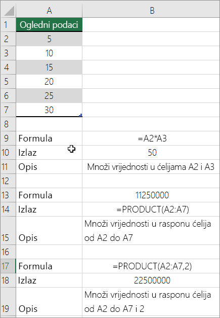 Množenje brojeva pomoću funkcije PRODUCT