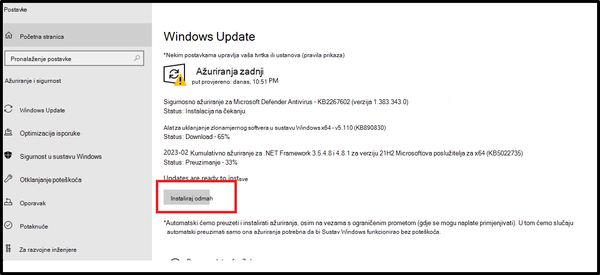 Windows Update korisničko sučelje postavki