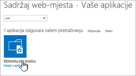 Sadržaj web-mjesta s istaknutom pločicu aplikacije Wiki