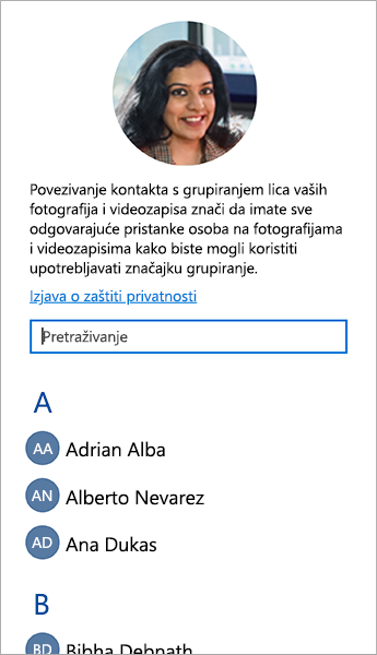Snimka zaslona s popisom koji možete koristiti za povezivanje kontakata s grupiranjem lica.