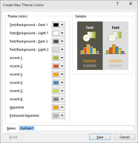 Prikazuje dijaloški okvir za prilagođene boje teme u programu PowerPoint