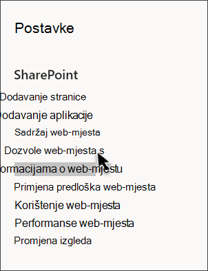 Snimka zaslona s postavkama sustava SharePoint s odabranim informacijama o web-mjestu