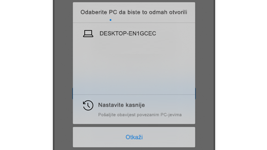 Snimka zaslona s prikazom mogućnosti „Odaberite PC“ preglednika Microsoft Edge u sustavu iOS, tako da korisnik može otvoriti web-stranicu na svom računalu.