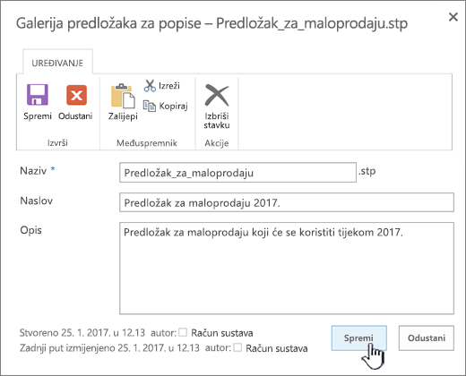 Uređivanje svojstava predloška popisa