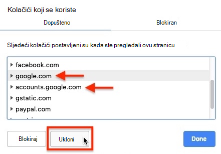 Slika postavki web-mjesta s otvorenim izbornikom Kolačići