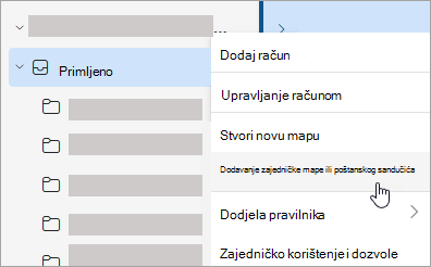 Snimka zaslona s prikazom odabira u odjeljku Dodavanje zajedničke mape ili poštanskog sandučića