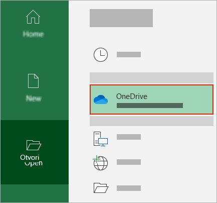 Dijaloški okvir Otvaranje sustava Office s prikazom mape servisa OneDrive