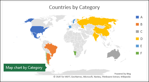 Excel grafikon karte koji prikazuje kategorije s državama prema kategoriji