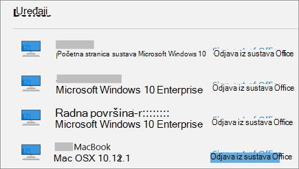 Prikazuje Windows i Mac uređaje i vezu Odjava iz sustava Office na account.Microsoft.com