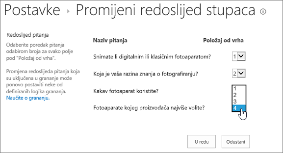 Dijaloški okvir Promjena redoslijeda pitanja s istaknutim padajućim izbornikom na jednom pitanju