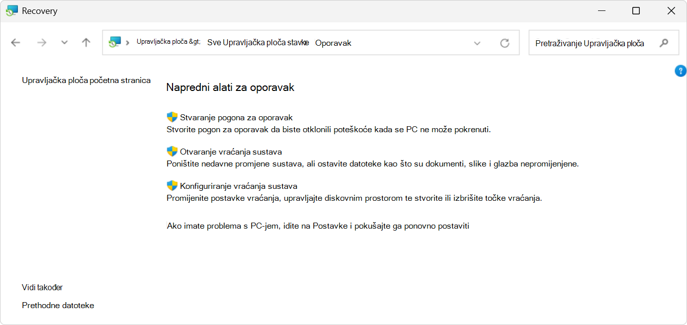 Snimka zaslona s mogućnostima oporavka u Upravljačka ploča.
