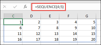 Primjer funkcije SEQUENCE s poljem dimenzija 4 x 5
