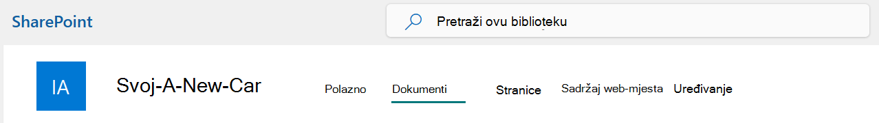 Izbornik gornje trake web-mjesta sustava SharePoint s odabranom mogućnošću Dokumenti.