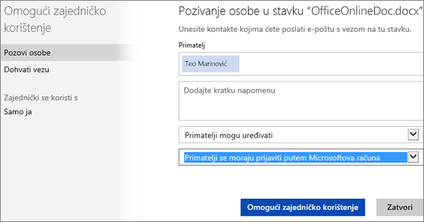 Snimka zaslona zajedničkog korištenja dijaloškog okvira koji prikazuje mogućnost "Primatelji se moraju prijaviti pomoću Microsoftova računa"