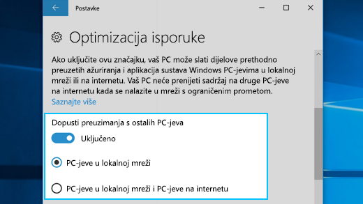 Postavke Optimizacije isporuke u sustavu Windows 10
