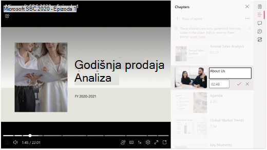 Videozapis je otvoren u pregledniku. S desne strane videozapisa istaknuta su tekstna polja koja označavaju da korisnik može kliknuti na njega da bi uredio naslov i opis poglavlja.