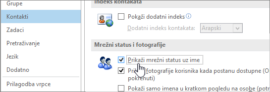 Osobe u dijaloškom okviru Mogućnosti s istaknutom mogućnošću Prikaz mrežnog statusa