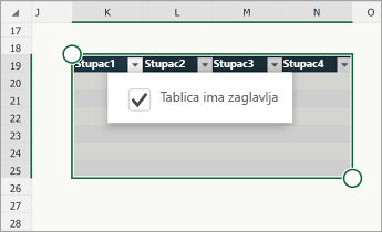 Table, with the Table has headers checkbox selected.