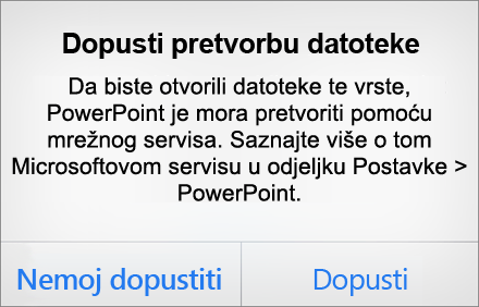 Prikazuje upit o zaštiti privatnosti ODF-a u programu PowerPoint za iPhone