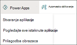 Slika izbornika Power Apps s odabranom mogućnosti Stvaranje aplikacije