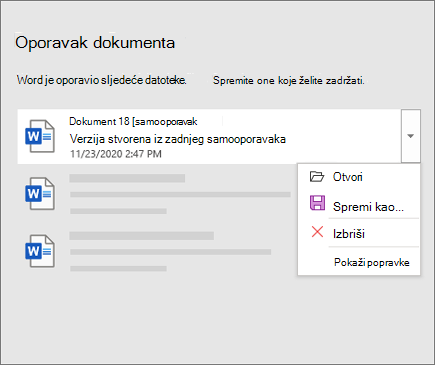 Datoteka AutoRecovered navedena u oknu Oporavak dokumenta