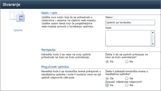 Stranica s mogućnostima upitnika sustava SharePoint 2010
