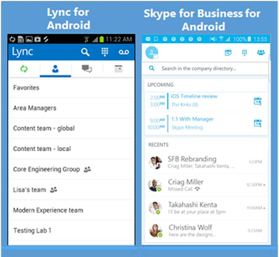 Usporedne snimke zaslona programa Lync i Skype za tvrtke