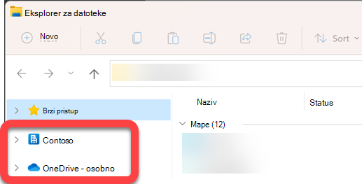 U navigacijskom oknu na lijevoj strani Eksplorer za datoteke nalaze se mape najviše razine za sinkroniziranu biblioteku sustava SharePoint i sinkronizirani OneDrive.